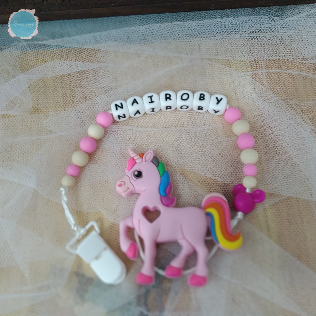 Chupetero con mordedor - Unicornio - Rosa - Personalizado